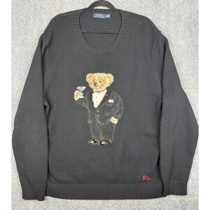 Polo Ralph Lauren Martini Tuxedo Bear Knit 100% Wool Sweater Black 2XL